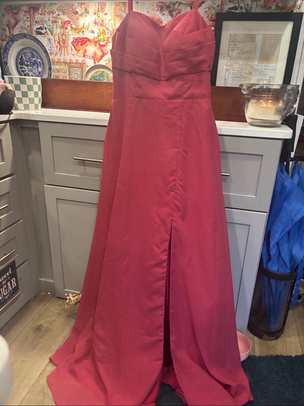 Strapless Rose Red Prom Dress with Front Slit